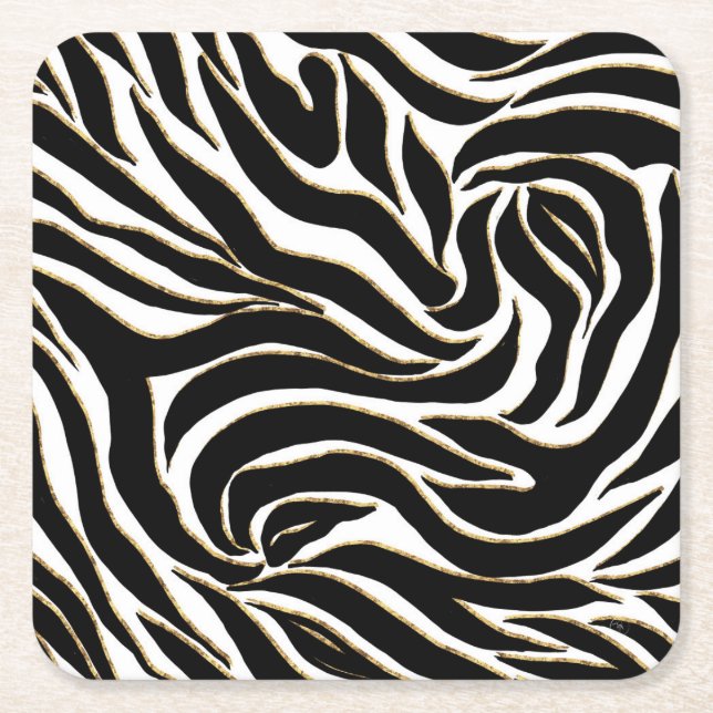Elegant Black Guld Zebra White Animal Print Underlägg Papper Kvadrat (Framsidan)