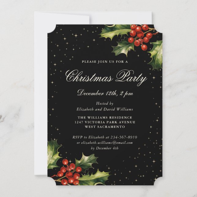 Elegant Black Holly Red Berries Christmas Party Inbjudningar (Framsida)
