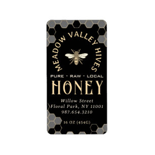 Elegant Black HONEY-etikett med Honeybee och Bee Adressetikett