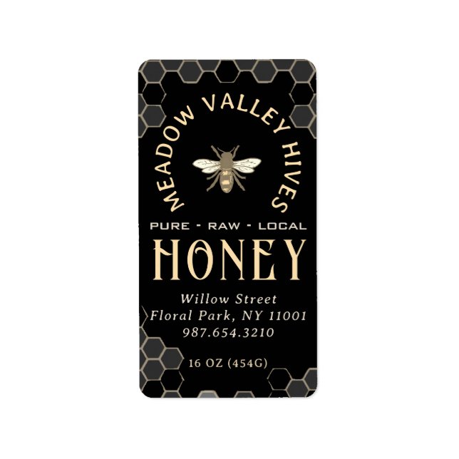 Elegant Black HONEY-etikett med Honeybee och Bee Adressetikett (Framsidan)