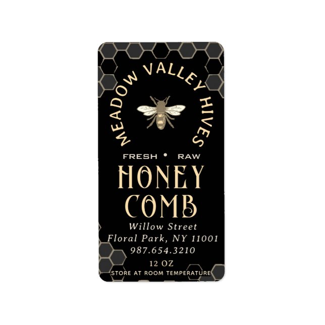 Elegant Black HONEYCOMB med Comb Mönster & Bee Adressetikett (Framsidan)