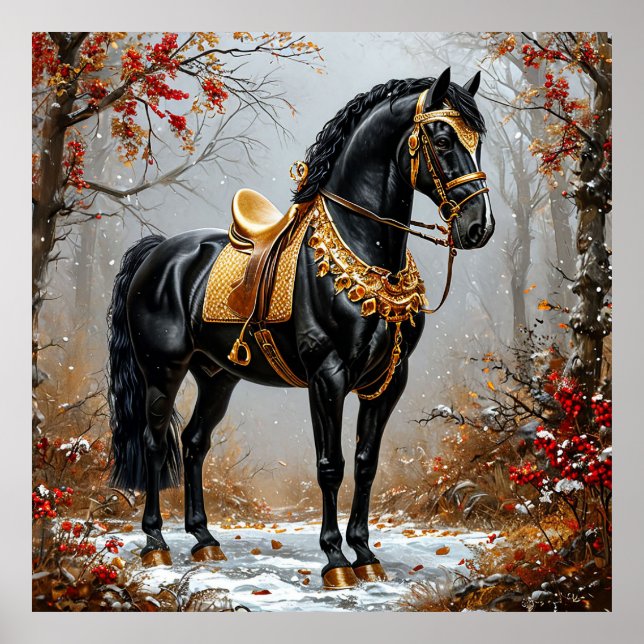 Elegant Black Horse Adorse i Golden Tackle Poster (Framsidan)