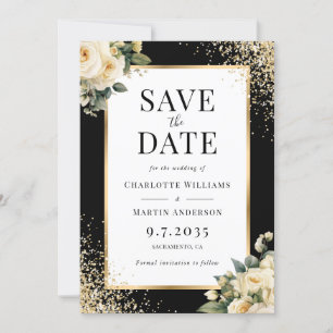 Elegant Black Ivory Guld Confetti Blommigt Bröllop Spara Datumet
