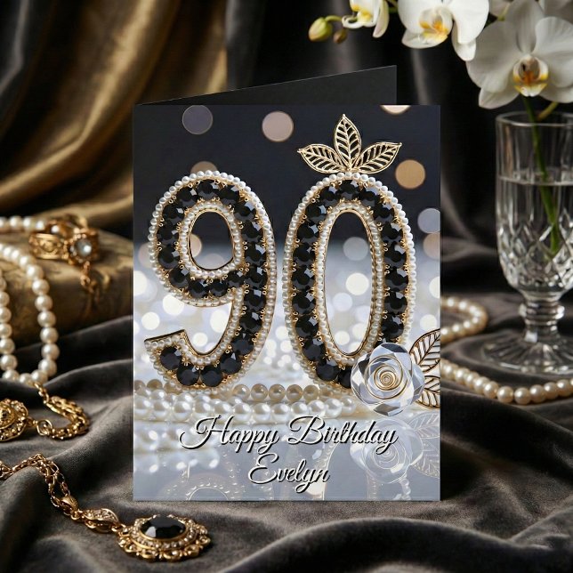 Elegant Black Jewels Pearls And Gold 90th Birthday Kort (Skapare uppladdad)