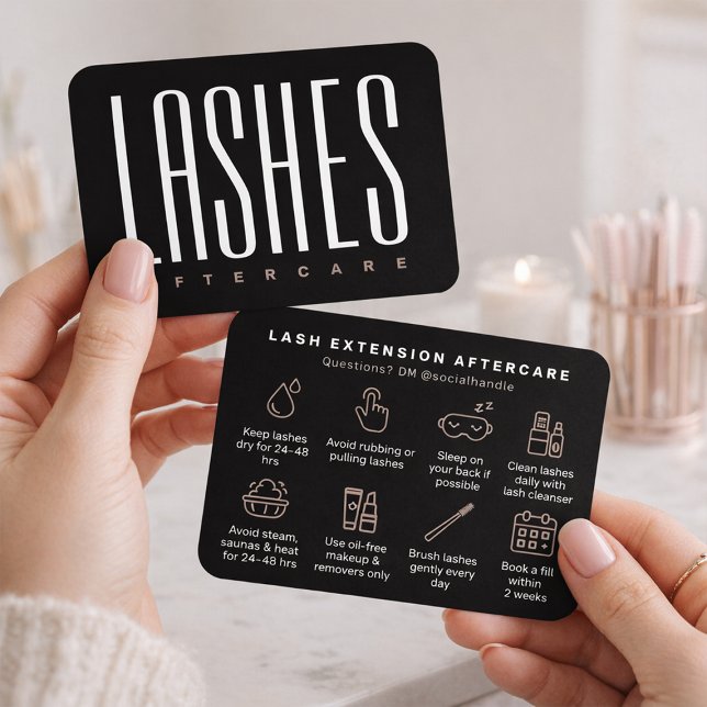 Elegant Black Lash Extension Aftercare Card Visitkort (Elegant lash extension aftercare card for beauty professionals)