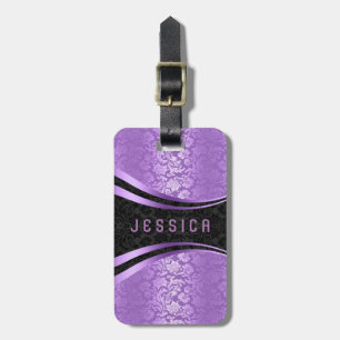 Elegant Black & Lavender Blommigt Damasks Mönster Bagagebricka