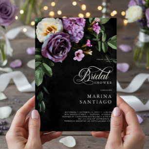 Elegant Black & Lavender Blommigt Script Shower Inbjudningar