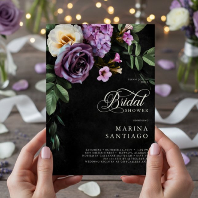 Elegant Black & Lavender Blommigt Script Shower Inbjudningar (Elegant Black & Lavender Floral Script Shower Invitation)
