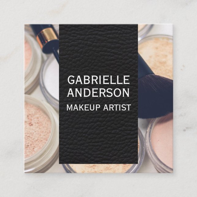Elegant Black Leather | Makeup Palette och Penslar Fyrkantigt Visitkort (Framsida)