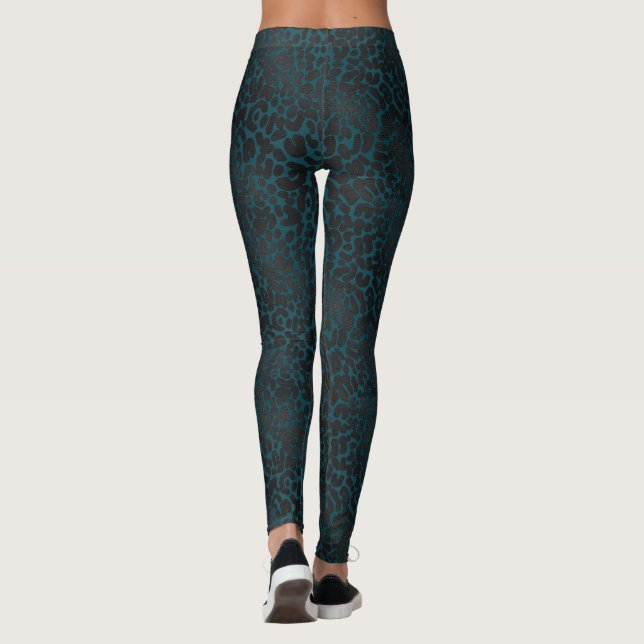 Elegant Black Leopard Animal Print on Teal Leggings (Baksida)
