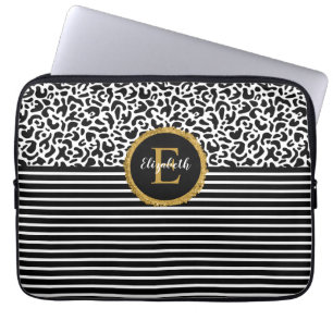Elegant Black Leopard Monogram Laptop sleeve