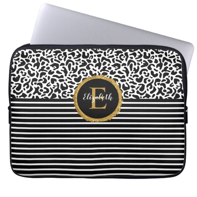 Elegant Black Leopard Monogram Laptop sleeve (Framsidan)