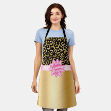 Elegant Black Leopard Rosa Bow Guld Apron
