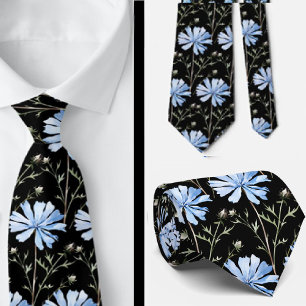 Elegant Black Light Blue Wildblommor Neck Tie Slips