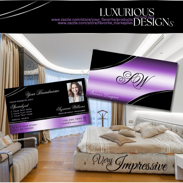 Elegant Black Lila Curved Linjer Monogram Photo Visitkort (Skapare uppladdad)