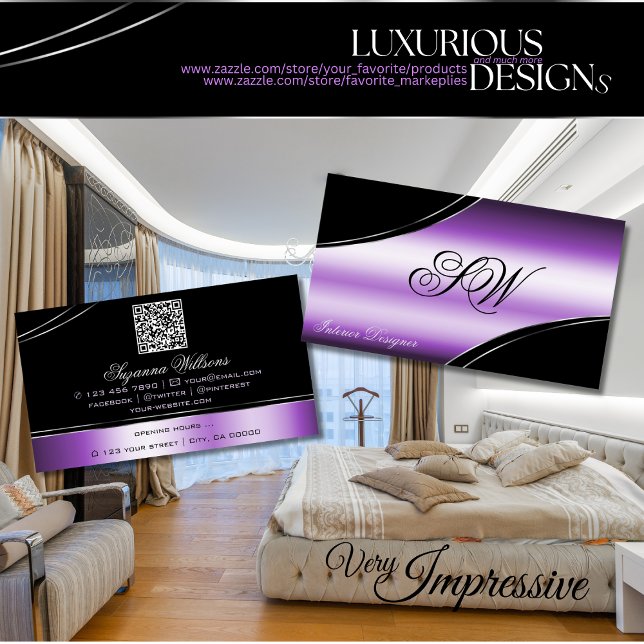 Elegant Black Lila Curved Linjer Monogram QR-kod Visitkort (Skapare uppladdad)