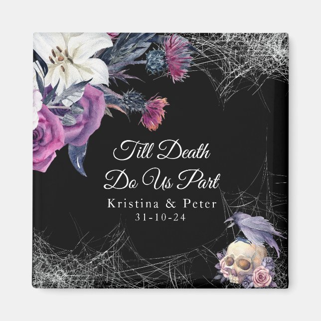Elegant Black Lila Gothic Blommigt Skull Bröllop Magnet (Framsidan)
