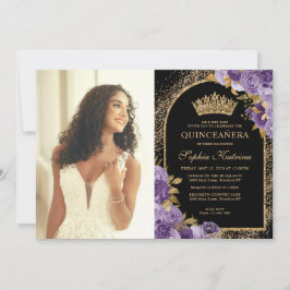 Elegant Black Lila Guld Blommigt Photo Quinceanera Inbjudningar