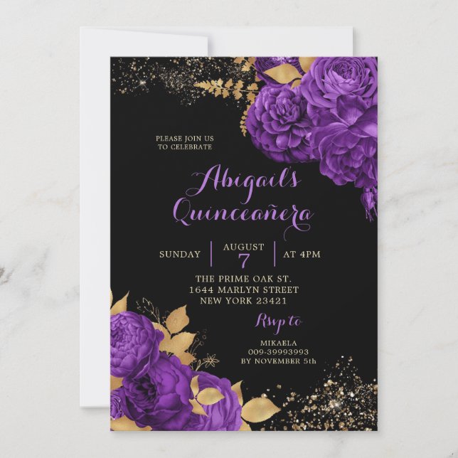 Elegant Black Lila Guld Stiletto Quinceañera Inbjudningar (Framsida)