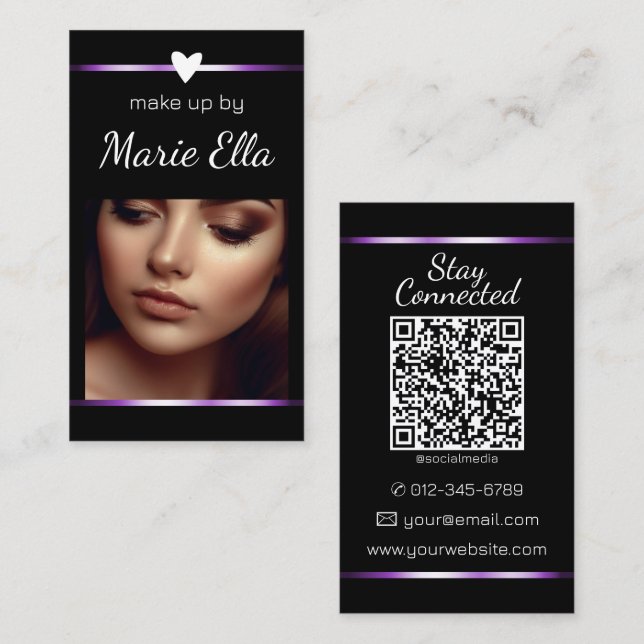 Elegant Black Lila Heart Photo QR-kodmall Visitkort (Fram/baksida)