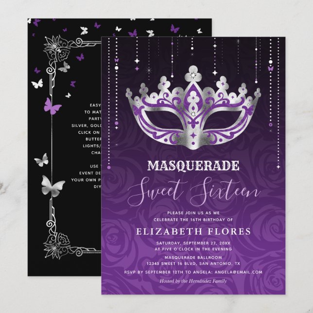 Elegant Black Lila Silver Masquerad Sweet 16 Inbjudningar (Fram/baksida)