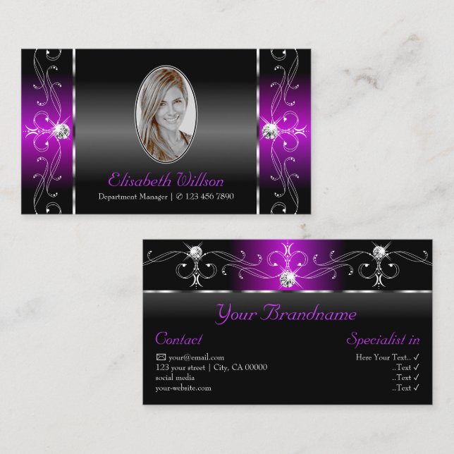 Elegant Black Lila Squiggled Jewels med Photo Visitkort (Fram/baksida)