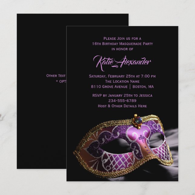 Elegant Black Lila Sweet 16 Masquerad Party Inbjudningar (Fram/baksida)