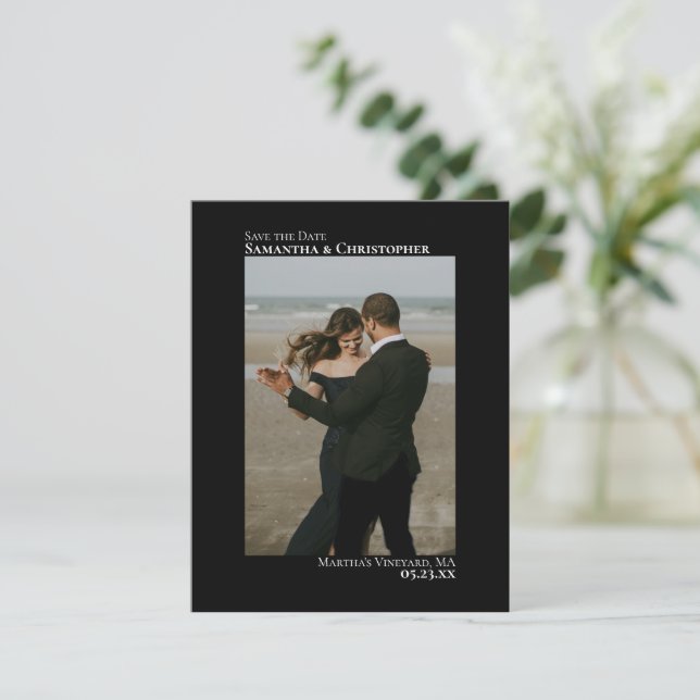 Elegant Black Lodrät Photo Minimalist Bröllop Spara Datumet (Stående Fram)