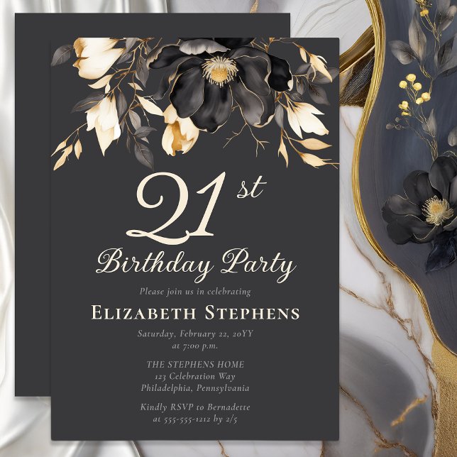 Elegant Black Magnolia Floral 21st Birthday Party  Inbjudningar (Elegant magnolia 21st birthday invitation with soft buttercream typography on charcoal background)