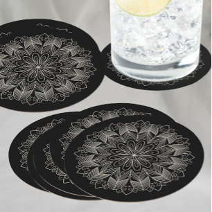 Elegant Black Mandala Boho Chic Indian Bröllop Underlägg Papper Rund