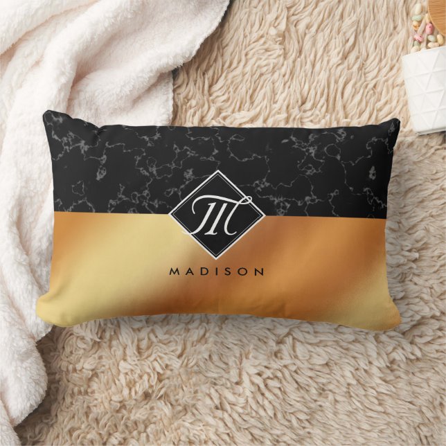 Elegant Black Marble & Copper Foil Monogram Lumbarkudde (Filt)