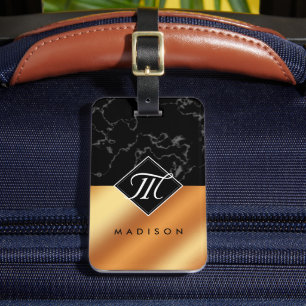 Elegant Black Marble & Copper Foil Script Monogram Bagagebricka