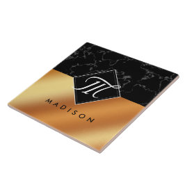 Elegant Black Marble & Copper Foil Script Monogram Kakelplatta