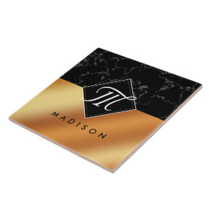 Elegant Black Marble & Copper Foil Script Monogram Kakelplatta