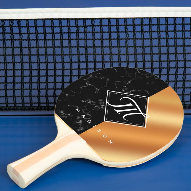 Elegant Black Marble & Copper Foil Script Monogram Pingisracket (Insitu)