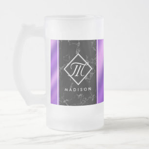 Elegant Black Marble & Lila Foil Monogram Frostat Ölglas