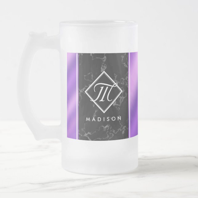 Elegant Black Marble & Lila Foil Monogram Frostat Ölglas (Vänster)