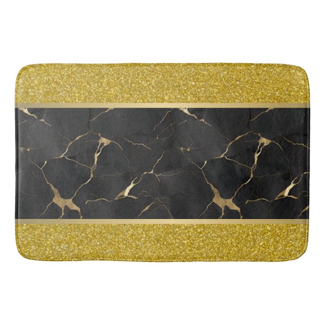 Elegant Black Marble och Guld Gnistra Badrumsmatta (Framsidan)