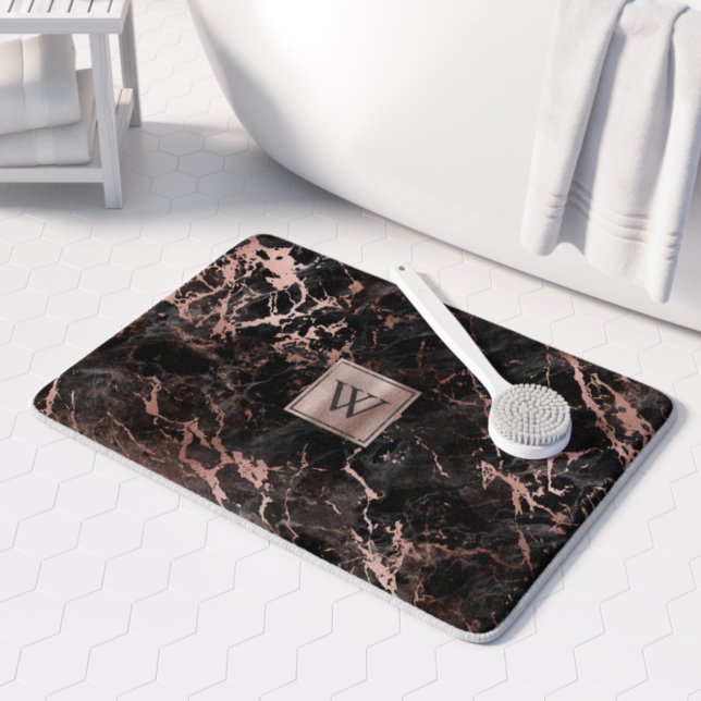 Elegant Black Marble Ro Guld Monogram Badrumsmatta (Skapare uppladdad)