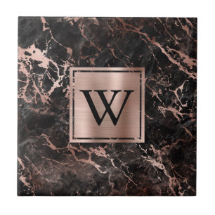 Elegant Black Marble Ro Guld Monogram Kakelplatta