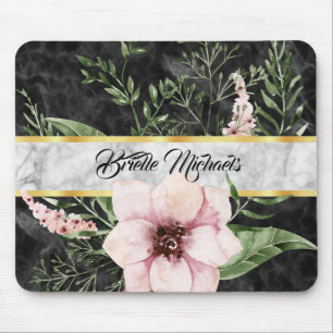 Elegant Black Marble Rosa Blommigt med Namn Musmatta