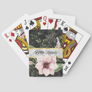Elegant Black Marble Rosa Blommigt with Namn Casinokort