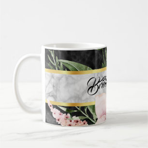 Elegant Black Marble Rosa Blommigt with Namn Kaffemugg