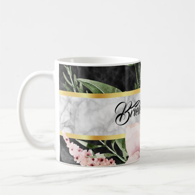 Elegant Black Marble Rosa Blommigt with Namn Kaffemugg (Vänster)