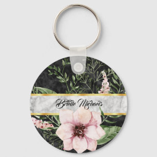 Elegant Black Marble Rosa Blommigt with Namn Nyckelring