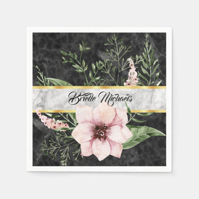 Elegant Black Marble Rosa Blommigt with Namn Pappersservett (Framsidan)
