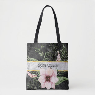 Elegant Black Marble Rosa Blommigt with Namn Tygkasse