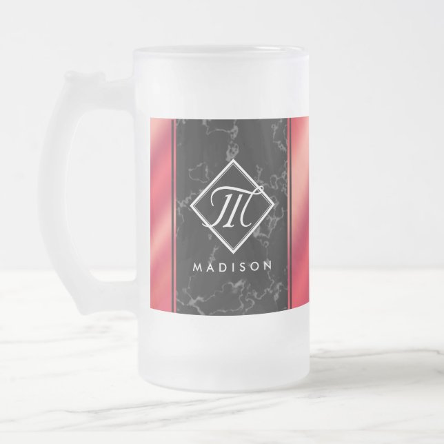 Elegant Black Marble & Rosé Red Foil Monogram Frostat Ölglas (Vänster)