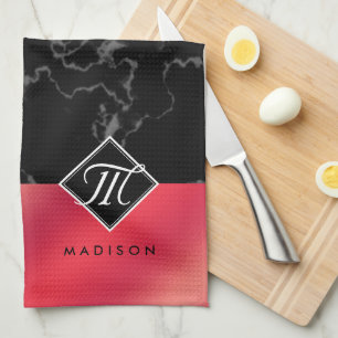Elegant Black Marble & Rosé Red Foil Monogram Kökshandduk