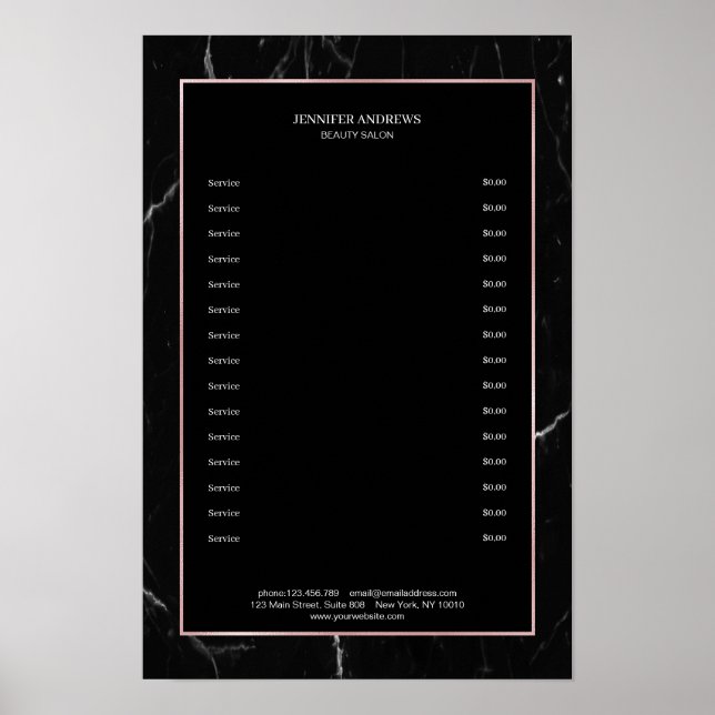 Elegant Black Marble Rosegold Pricelist Poster (Framsidan)